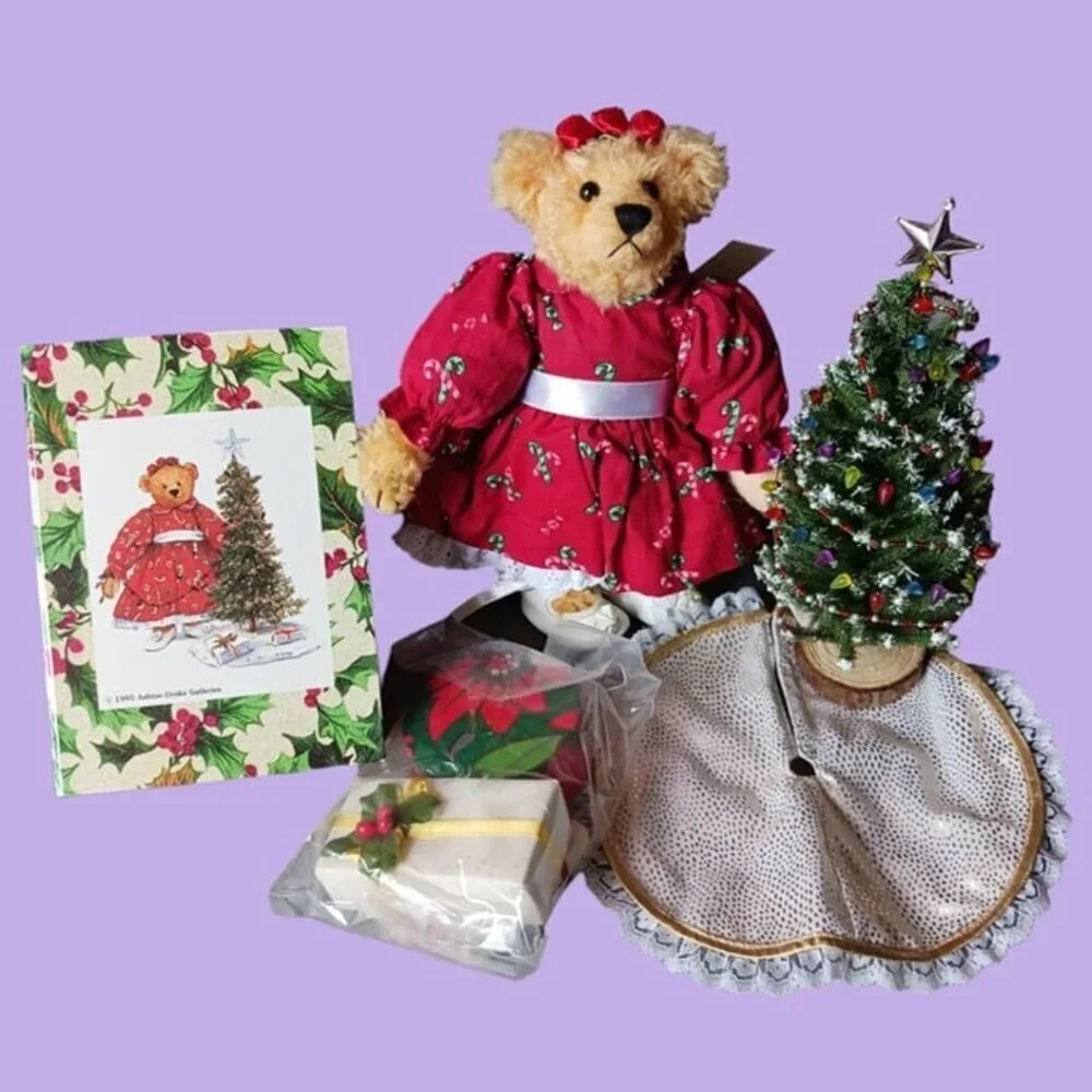 Ashton drake bear Eddie in december with christmas tree & gifts